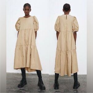 ZARA blogger fave Beige Puff Sleeve Dress